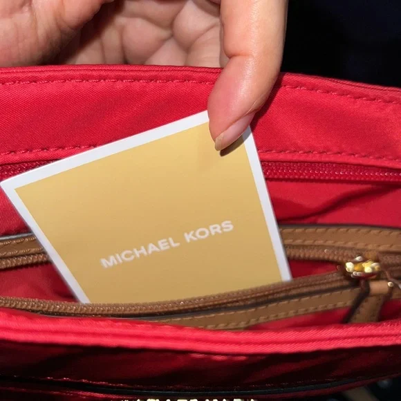 NWOT Red and gold MICHAEL KORS adorable 🥰 Nylon Crossbody with care card - Picture 2 of 15